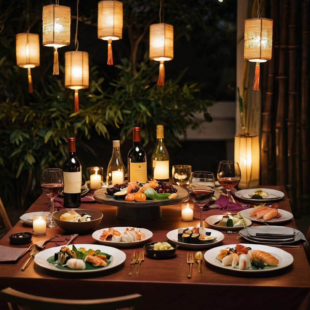 An elegant table set for a wine tasting event, displaying a variety of wine bottles from Asian vineyards, adorned with delicate sushi and dim sum pairings. Soft ambient lighting illuminates the scene, while Asian-inspired decorations like lanterns and bamboo accents create a festive atmosphere. Captivating glasses of wine reflect the colors of the sunset, inviting a sense of warmth and celebration. super-realistic. vibrant colors. atmospheric lighting.