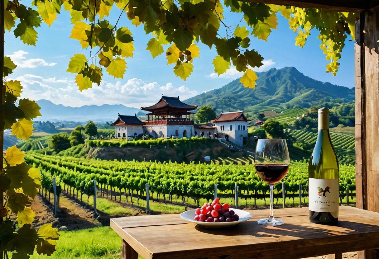 A stunning vineyard landscape set in Asia, showcasing diverse grape varieties under a crystal-clear sky. Include traditional Asian architecture in the background and a glass of aged wine prominently displayed in the foreground, reflecting the rich colors of the wine. Surround the scene with elements like rice paddies and tea plants to emphasize cultural connections. Capture the essence of heritage and craftsmanship in this vibrant, inviting scene. super-realistic. vibrant colors. 3D.