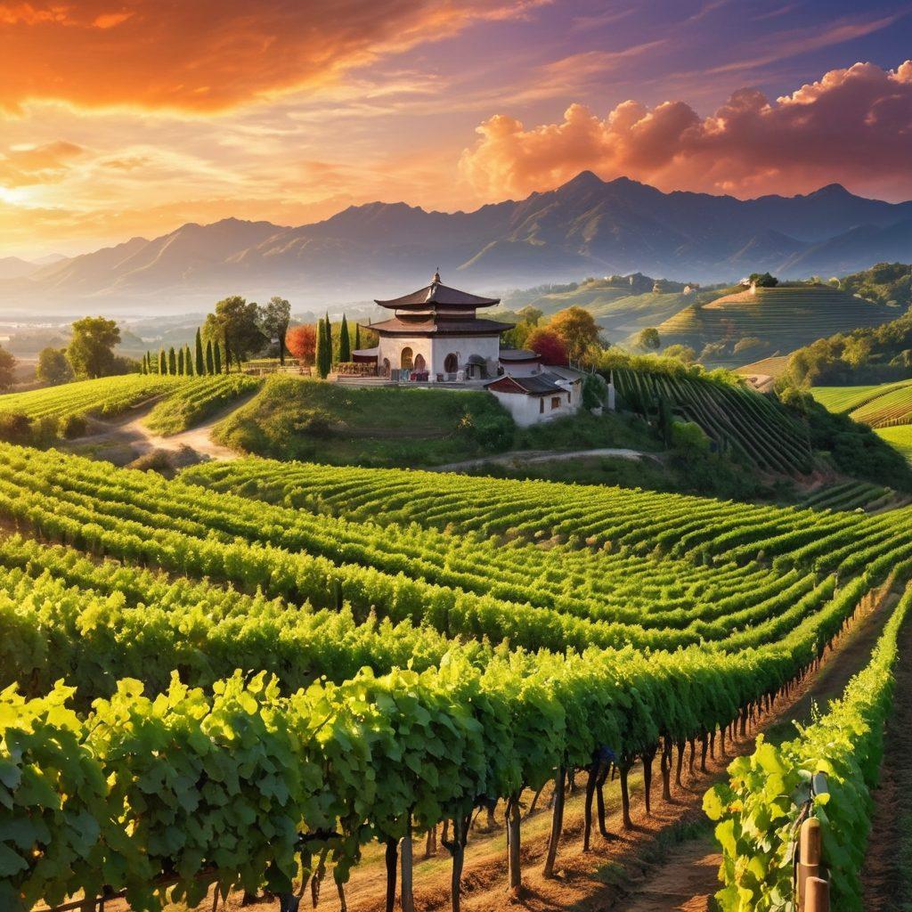 A vibrant vineyard scene showcasing a diverse range of Asian wine grapes, with biodynamic farming practices evident in the lush, green fields. Include small barrels and fermentation tanks labeled in Asian script, hinting at cultured wines. In the background, incorporate traditional Asian architecture, such as pagodas, blending with modern wine-making facilities. The sky should be a brilliant sunset casting warm tones over the landscape. super-realistic. vibrant colors. 3D.